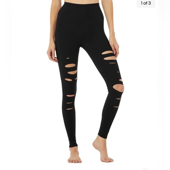 ALO Yoga Pants - Alo Women’s High-Waist Ripped Warrior 7/8 length Legging Black Small